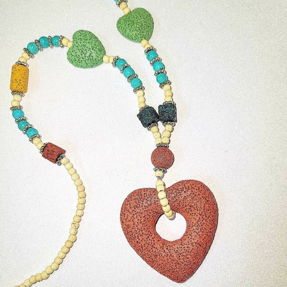Lava/Howlite, Boho Heart,Statement Necklace w/Red Pendant & Silvertone Accent - Picture 7 of 8